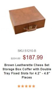 BROWN LEATHERETTE CHESS SET STORAGE BOX COFFER WITH DOUBLE TRAY