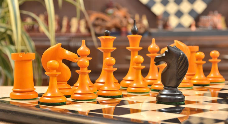 The 1950s Soviet (Russian) Latvian Reproduced Chess Set in Ebonized Boxwood / Antiqued Boxwood - 4.1" King