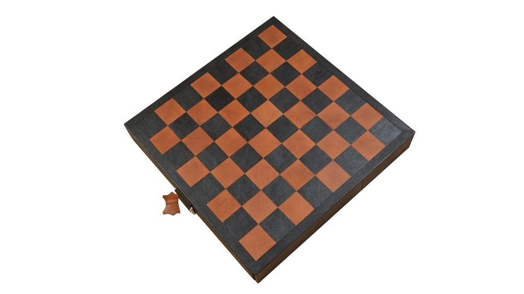 Genuine Leather Chess Board with Built-in Storage in Black Anigre & Red Ash Burl Color