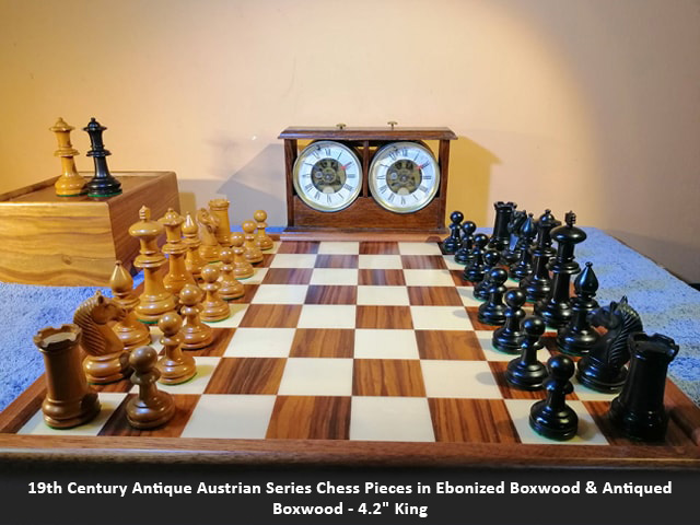 Buy 19th Century Antique Austrian Series Chess Pieces in Ebonized Boxwood & Antiqued Boxwood - 4.2" King Online