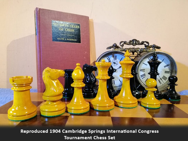 Buy Reproduced 1904 Cambridge Springs International Congress Tournament Chess Set in Ebonized & Antiqued Boxwood - 4" King Online