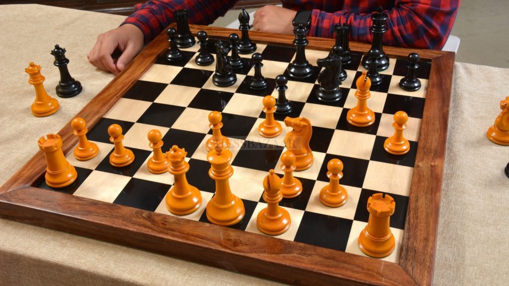 Reproduced Antique Circa 1895 Ayres English Made Club Chess Set in Ebony / Antiqued Box Wood - 4.3" King
