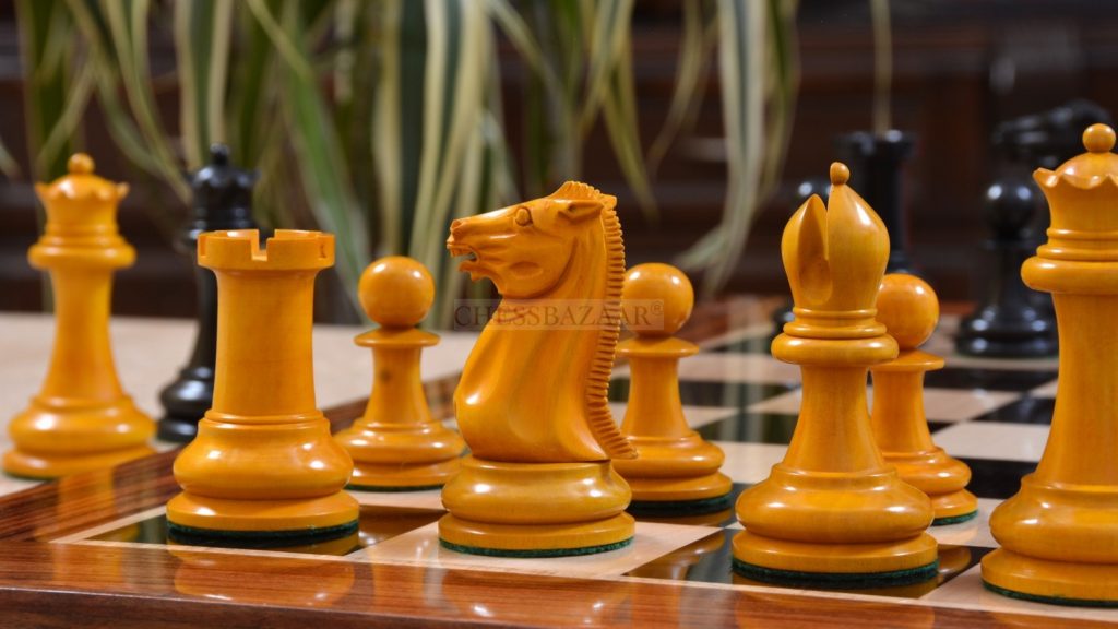 Reproduced 1851 Morphy Chess Set V2.0 in Ebony / Antiqued Box wood with King Side Stamping - 4.4" King