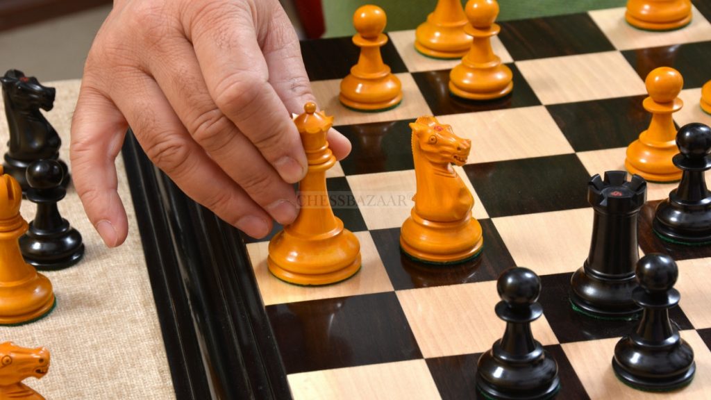 Reproduced Antique 1900 Marshal Staunton Pattern Chess Set in Ebony / Antiqued Box Wood with King Side Stamping - 3.75" King