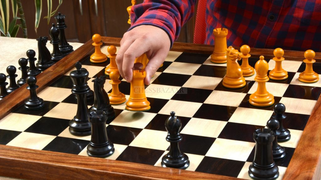 Reproduced Antique 1885 Pre-Hartston Staunton Pattern Chess Set in Ebony / Antiqued Box Wood with King Side Stamping - 4.5" King