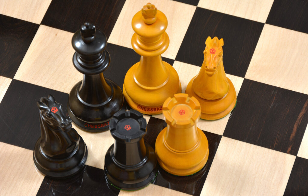 1849 Original Staunton Pattern Chess Pieces in Ebony and Antiqued Boxwood