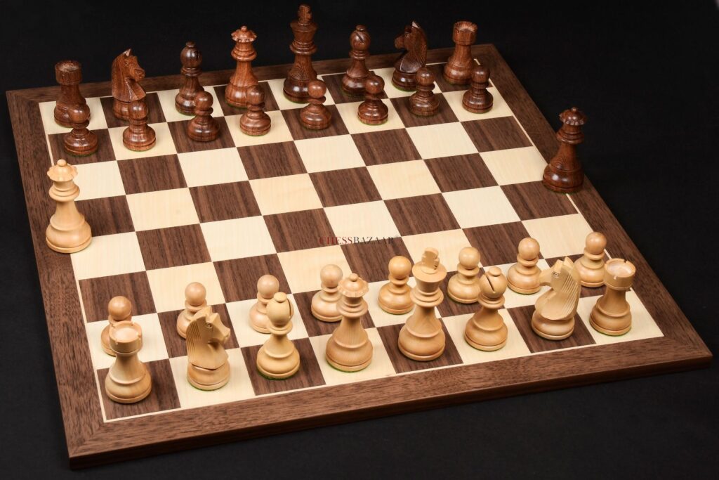 Combo of Tournament Series Staunton Chess Pieces with German Knights & Walnut Maple Chessboard - 3.7"