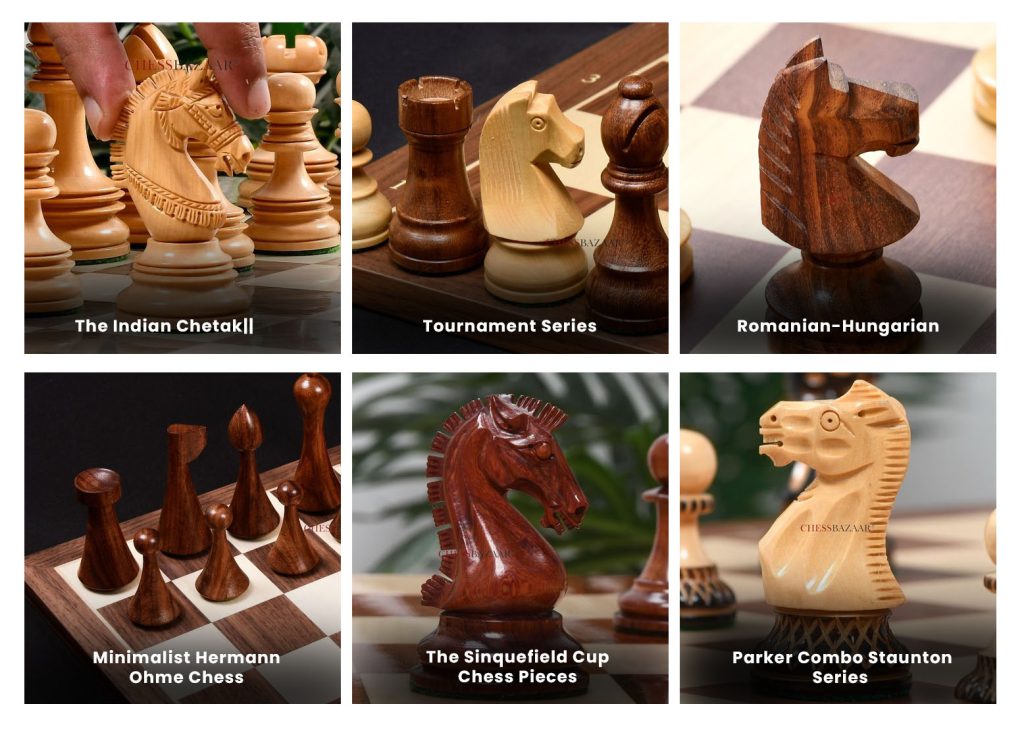 Different types of wooden chess pieces