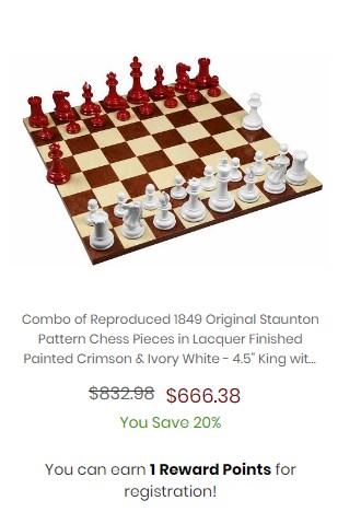Combo of Reproduced 1849 Original Staunton Pattern Chess Pieces in Lacquer Finished Painted Crimson & Ivory White