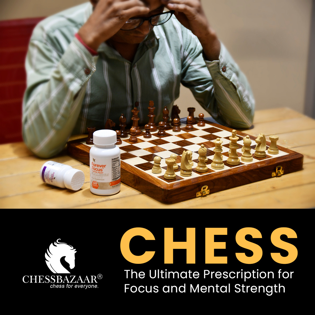 Man trying to concentrate on a chess game