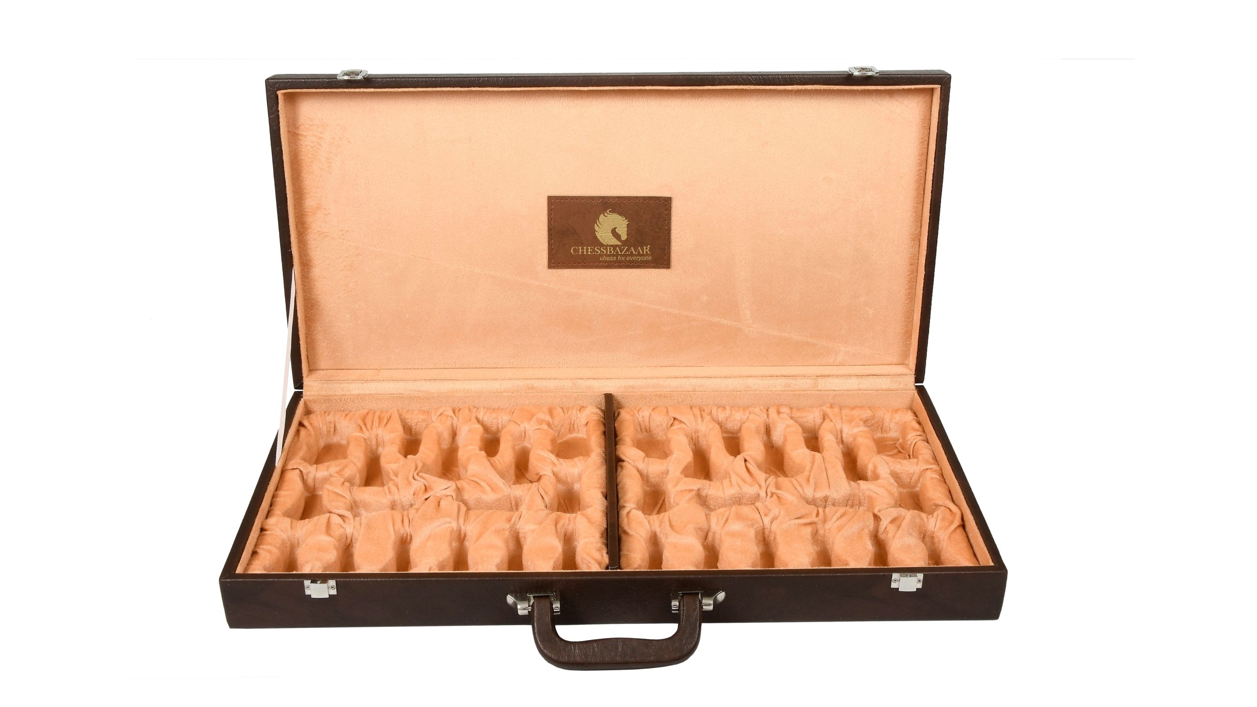 LEATHERETTE CHESS SET BRIEFCASE STORAGE BOX COFFER (BROWN COLOR) WITH FIXED SLOTS
