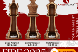 FIDE 2025 tournament standard chess pieces displaying single, double, and triple weighted Staunton chess sets with king heights ranging from 85mm to 105mm and corresponding base diameters, illustrating proper weight distribution for stability and tournament compliance