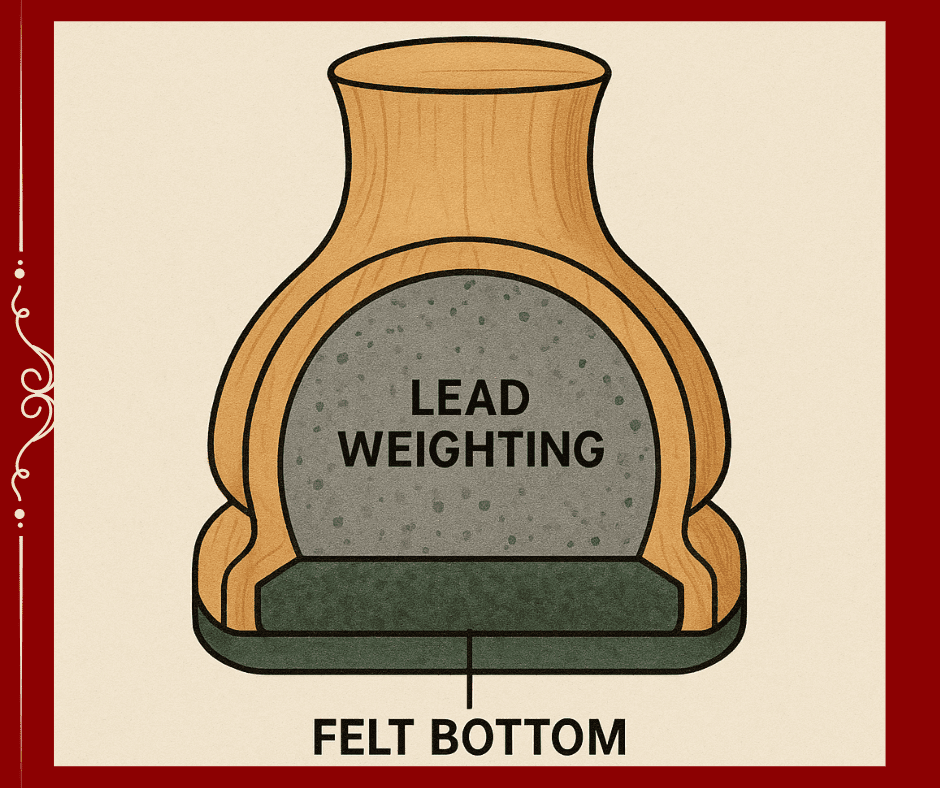 Chess piece base cross-section showing lead weighting inside and felt bottom for stability and board protection