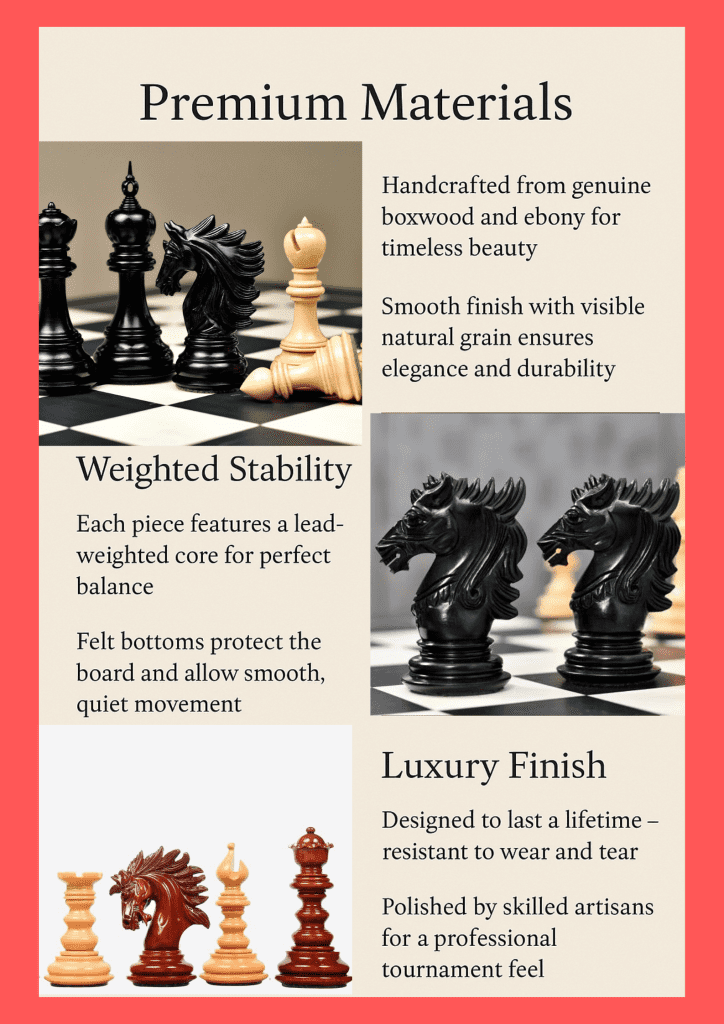 Amazon A+ infographic showcasing premium boxwood and ebony chess pieces, cross-section of weighted base with lead core and felt bottom, and visual comparison of durability, weight, and craftsmanship