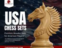 Premium wooden California Chrome Staunton chess knight piece in bud rosewood/boxwood finish against a faded American flag background