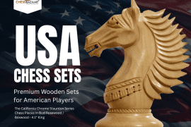 Premium wooden California Chrome Staunton chess knight piece in bud rosewood/boxwood finish against a faded American flag background